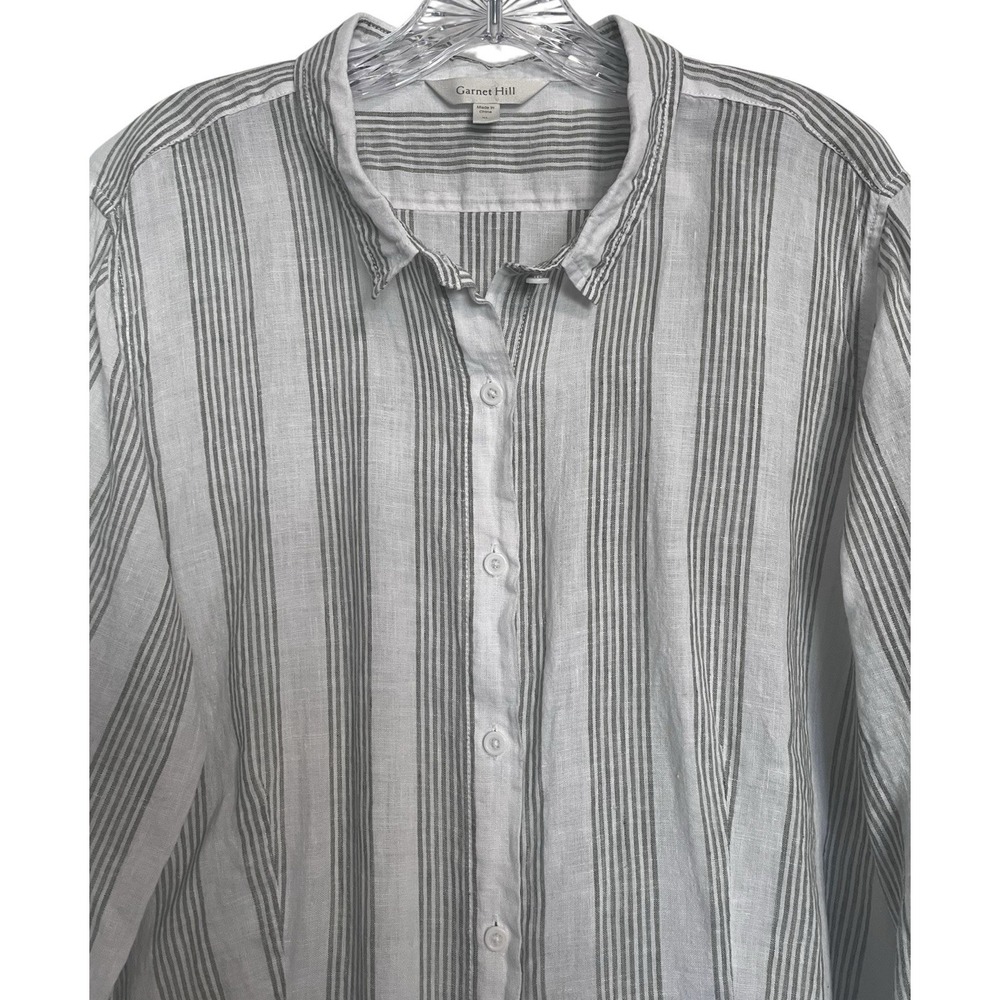 GARNET HILL Sz L 100% Linen Shirt Button Up Tunic White Green Stripe Coastal - Picture 2 of 8